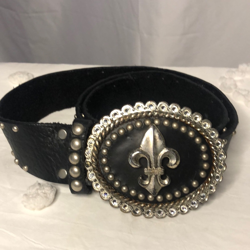 LEATHERROCK Vintage black leather silver studded and rhinestone belt. Size Large